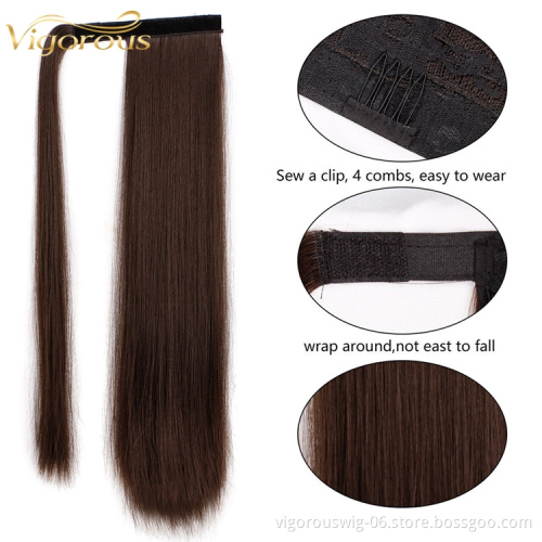 Natural Wholesale Fiber Glueless Long Straight Synthetic Ponytail Clip In Hand Tied Weft Hair Extension